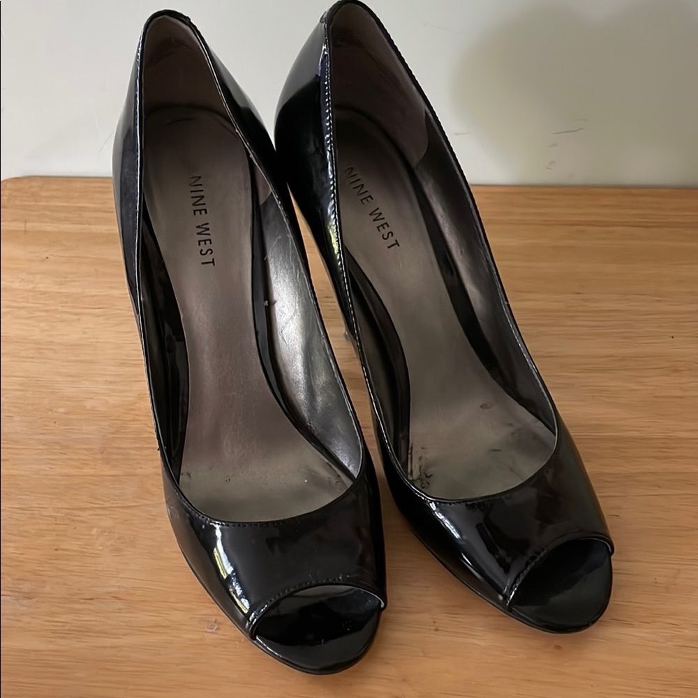 NINE WEST Black Patent Peep-Toe Stiletto Heels, Size 8 ½ M